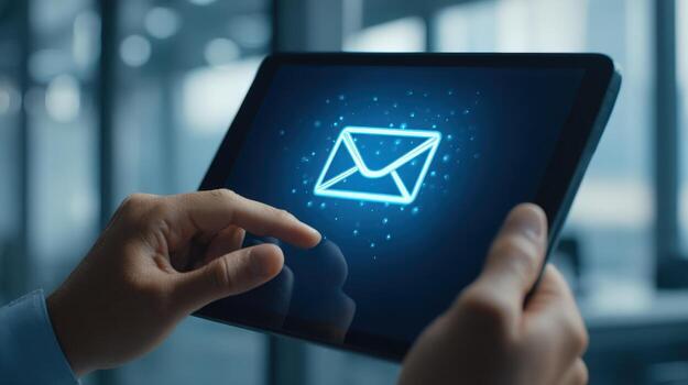 Digital Communication Concept Person Using Tablet with Email Icon Displayed for Business and Technology Purposes photo