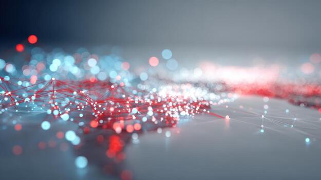 Abstract Network Connection Background with Red and Blue Bokeh Lights Emitting from a Complex Mesh photo