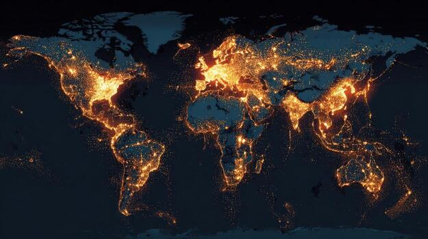 Global Connectivity World Map with City Lights Highlighting Urbanization and Network Density at Night photo