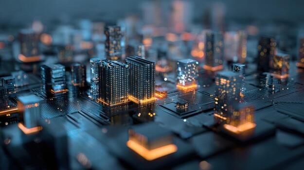 Abstract Technological Cityscape with Glowing Elements, Represents Connectivity, Data Flow, and Future Innovation photo