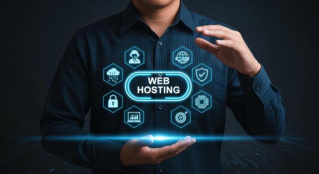 Web Hosting Solutions Man Presenting Digital Services and Technology Concepts for Business Growth and Online Presence photo