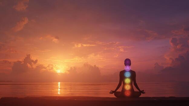 Meditating Silhouette with Chakra Symbols at Sunset Achieving Balance and Harmony Through Mindfulness Practices photo
