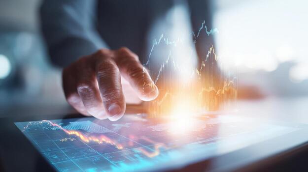 Investment Analysis Man Touching Digital Tablet Displaying Stock Market Trends and Financial Data photo
