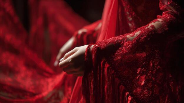 Womans Hands Draped in Elegant Red Lace Fabric, Showcasing Delicate Texture and Rich Color photo