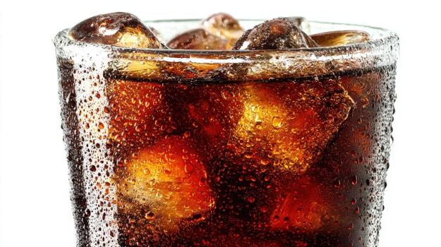 Refreshing Fizzy Drink with Ice Cubes in Glass on White Background for Commercial Use photo