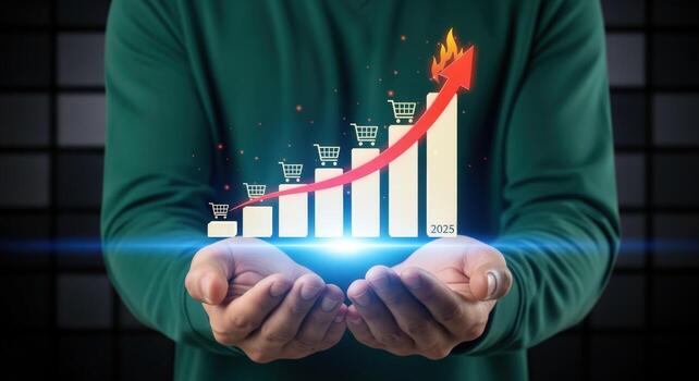 en línea ventas crecimiento visualización persona participación bar grafico con compras carros, representando comercio electrónico éxito foto