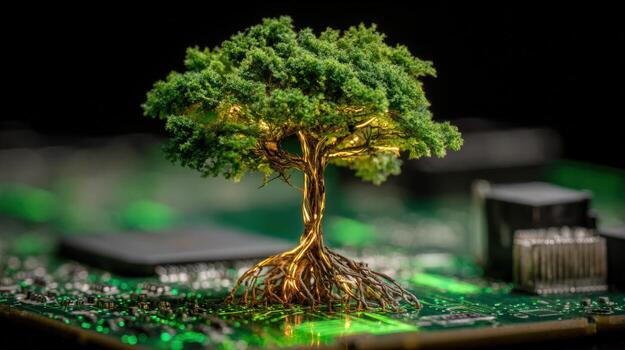 Digital Growth Tree Growing from Circuit Board, Symbolizing Technology, Nature, and Sustainable Innovation photo