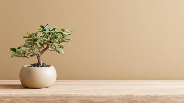 Minimalist Bonsai Tree in Ceramic Pot on Wooden Surface, against Neutral Background, Emphasizing Tranquility and Balance photo