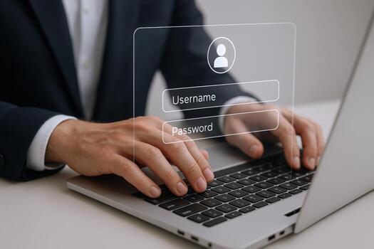 Secure Online Access Man Typing Username and Password into Login Interface on Laptop photo