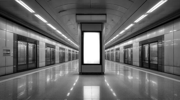 Black and White Subway Platform with Blank Billboard, Ideal for Advertising Mockups and Urban Scene Visuals photo