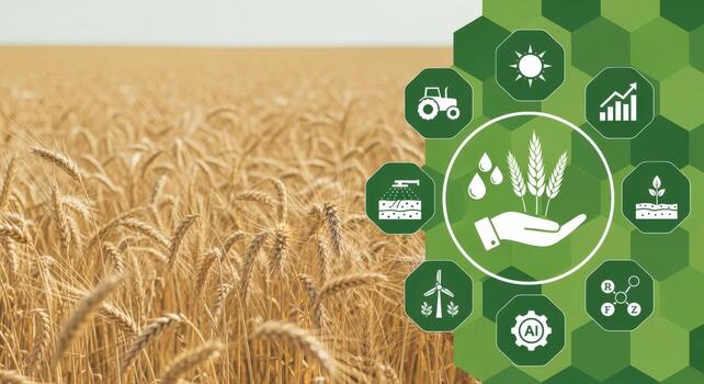 Wheat Field with Modern Agricultural Technology Integration, Representing Smart Farming and Sustainable Agriculture Solutions photo