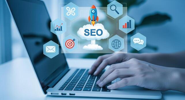 Hands Typing on Laptop with SEO Icons Digital Marketing Strategy and Optimization Concept photo