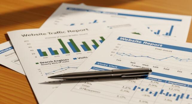 Website Traffic Analytics Report with Charts and Graphs on a Desk, Marketing and Business Analysis photo