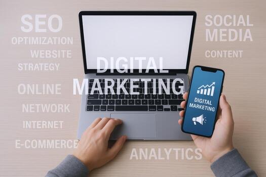Digital Marketing Strategy on Laptop and Mobile Phone SEO, Social Media, Analytics and Optimization photo