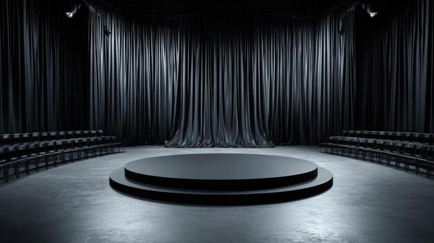 Empty Stage with Black Curtains and Seating, Ready for Performance or Presentation photo