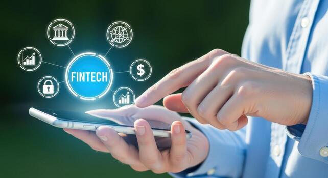 Fintech Technology Concept Person Using Smartphone with Digital Financial Icons for Mobile Banking and Investments photo