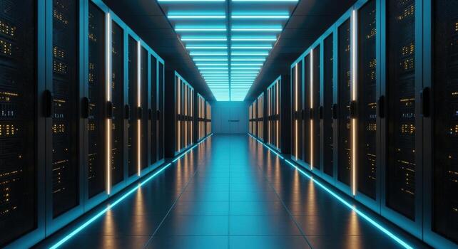 Server Room Data Center Modern Technology Infrastructure with Blue and Orange Lighting for Digital Solutions photo