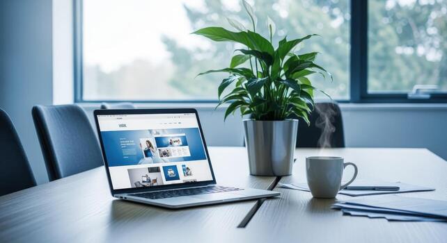 ordenador portátil en escritorio con café y planta exhibiendo sitio web diseño en moderno oficina ajuste foto