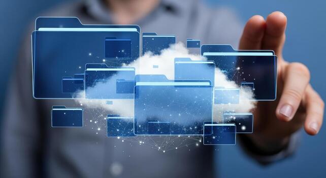 Cloud Computing Concept with Data Folders and Man Pointing to Storage, Virtualization, Security photo