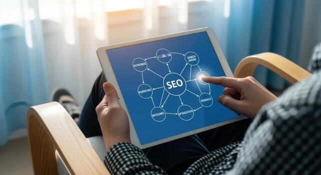 Person Analyzing SEO Strategy on Tablet Device, Optimizing Content for Search Engine Visibility and Digital Marketing Success photo