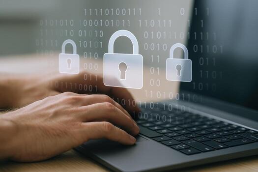 Online security concept Man typing on laptop with lock icons overlayed on binary code background photo