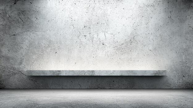 Empty Concrete Shelf on a Gray Textured Wall, Illuminated by Spotlights for Product Display or Presentation photo
