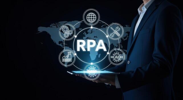 negocio profesional demostrando robótico proceso automatización tecnología en tableta para mejorado eficiencia y productividad foto