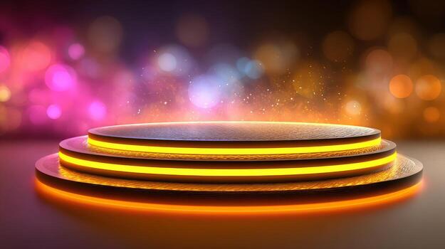 Illuminated Podium Stage Abstract 3D Render with Glowing Lights for Product Showcase and Presentation photo