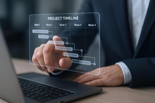 Businessman Using Project Timeline Visualization on Screen for Planning and Monitoring Progress photo