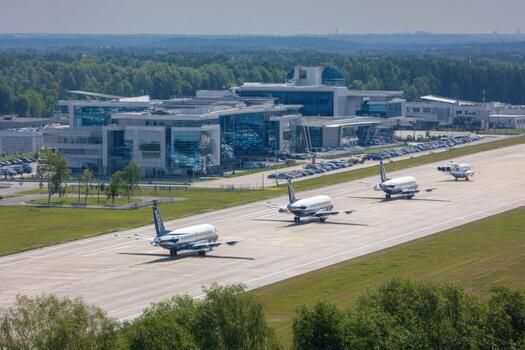 Business Jets Prepare for Takeoff on a Runway with Modern Corporate Building in Background photo