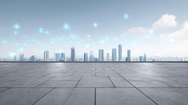 Cityscape View with Network Connection and Contemporary Architecture, Ideal for Business and Technology Concepts photo