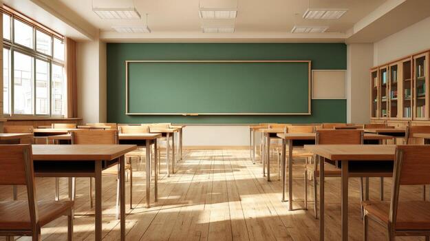 Classroom Interior with Empty Desks and Chalkboard, Providing a Clean Slate for Education and Learning photo