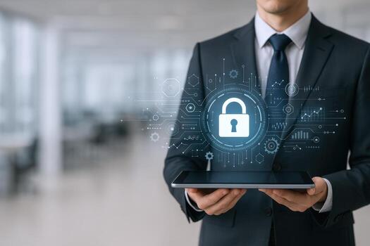 empresario participación tableta mostrando digital bloquear icono la seguridad cibernética soluciones y datos proteccion concepto foto