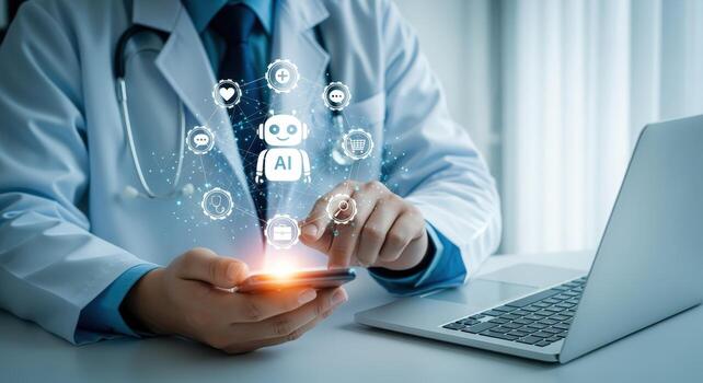 médico utilizando ai tecnología en móvil dispositivo cuidado de la salud innovación, digital transformación, y médico avances foto