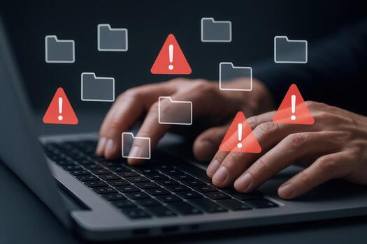 Data Breach Alert Hands Typing on Laptop with Warning Icons, Cybersecurity Threat Concept photo