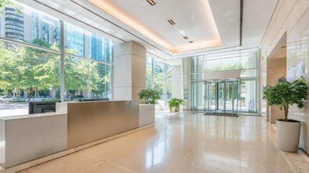 Modern Office Lobby with Reception Desk, Revolving Doors, Marble Floors, and Expansive Windows photo