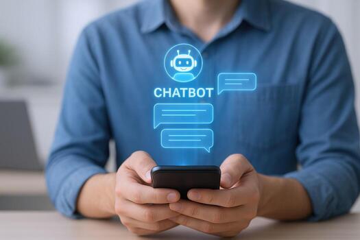 Man Using Smartphone with Chatbot Interface Customer Service, AI Technology and Communication Concept photo