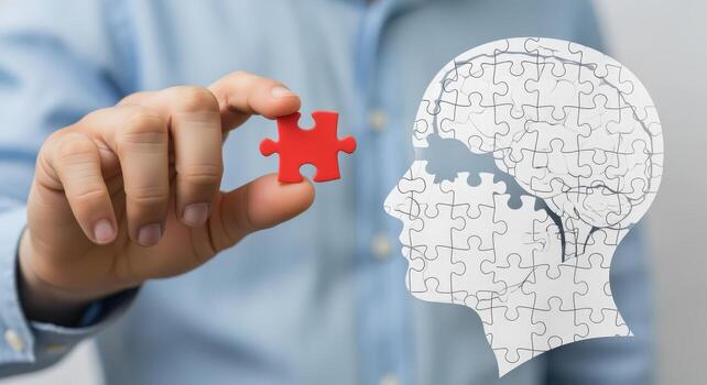 Conceptual Image Hand Holding Puzzle Piece Near Head Silhouette, Symbolizing Mental Health and Cognitive Function photo