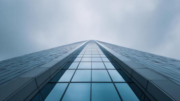 Modern Skyscraper Perspective Against Overcast Sky Architectural Design and Urban Development in a Financial District photo