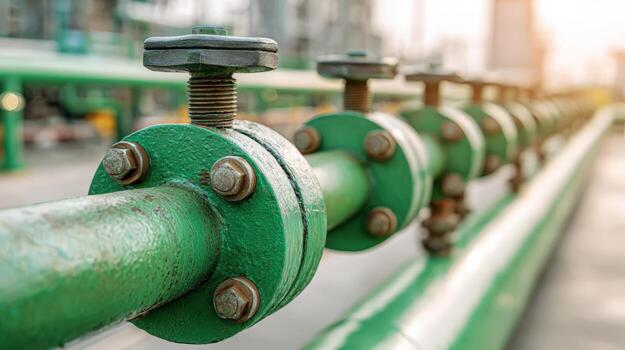 Green Industrial Pipeline System with Valves and Flanges, Manufacturing Infrastructure and Fluid Transportation Network photo