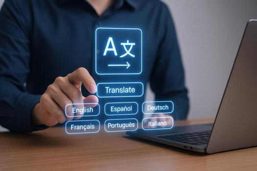 Online Language Translation Service Concept Man Interacting with Digital Interface for Multilingual Communication photo