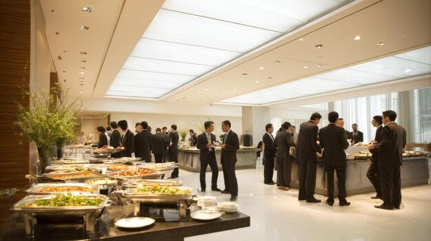 Corporate Buffet Lunch Gathering Professionals Networking at a Business Event with Food Service photo
