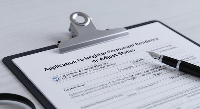 Immigration Application Form on Clipboard with Pen for Permanent Residence or Status Adjustment on White Table photo