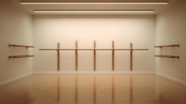 Empty Dance Studio with Ballet Barre and Hardwood Floor Ready for Class or Practice photo