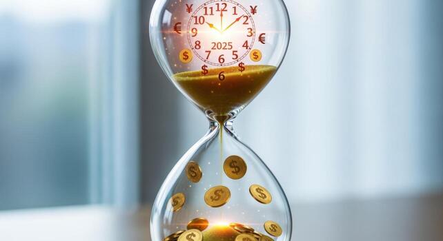 Time is Money Sand Timer with Clock and Currency Symbols, Investment and Financial Planning Concept photo
