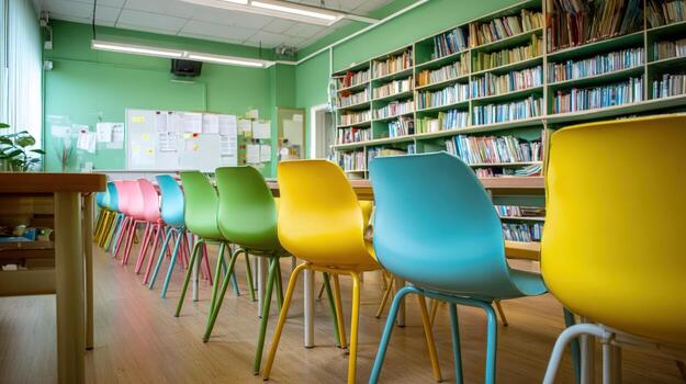 Brightly Colored Chairs in Library with Bookshelves, a Vibrant Place for Reading and Learning photo
