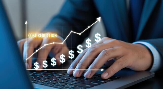 costo reducción estrategias hombre mecanografía en ordenador portátil con hacia arriba tendencia línea y dólar señales foto