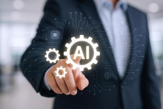 Artificial Intelligence Implementation A Businessman Activating AI Technology on a Digital Display with Circuitry and Gears photo