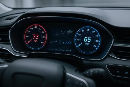 Modern Car Dashboard Displaying Speedometer and Tachometer with Ambient Lighting for Automotive Technology photo
