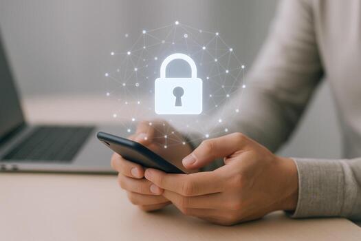Person using smartphone with digital padlock overlay, showcasing cybersecurity and data protection concepts photo